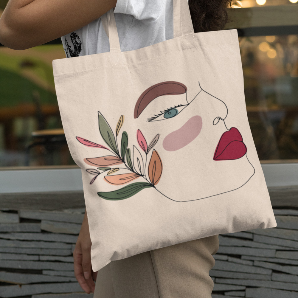 Burgundy Lip Line Art Boho Leaf Tote Bag